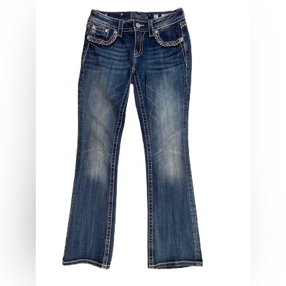 Miss Me, boot cut, bling Y2K throwback low rise jeans.